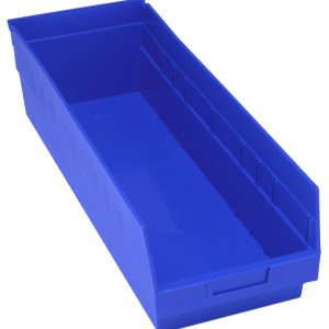 The Quantum Economy Shelf Bin is a large, blue, rectangular polypropylene storage bin with dimensions of 23-5/8W x 8-3/8D x 6H. It features an open top, molded-in label holder, nesting design, rear hanglock, and a glossy finish. Made in the USA.
