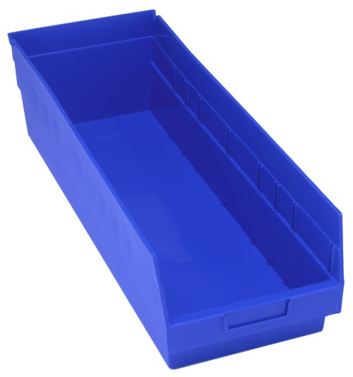 The Quantum Economy Shelf Bin is a large, blue, rectangular polypropylene storage bin with dimensions of 23-5/8W x 8-3/8D x 6H. It features an open top, molded-in label holder, nesting design, rear hanglock, and a glossy finish. Made in the USA.