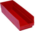 The Quantum Economy Shelf Bin, measuring 23-5/8W x 8-3/8D x 6H, in red polypropylene features an open front, molded-in label holder, seven divider slots, and a rear hanglock. Made in the USA, its perfect for organizing tools or small items against a plain white background.