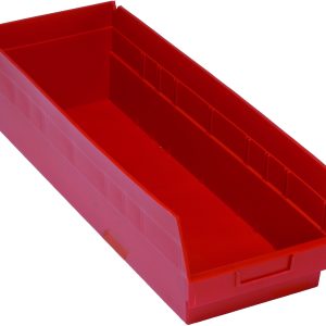 The Quantum Economy Shelf Bin, measuring 23-5/8W x 8-3/8D x 6H, in red polypropylene features an open front, molded-in label holder, seven divider slots, and a rear hanglock. Made in the USA, its perfect for organizing tools or small items against a plain white background.
