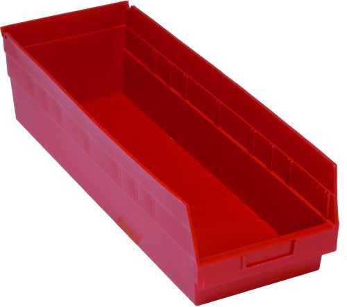 The Quantum Economy Shelf Bin, measuring 23-5/8W x 8-3/8D x 6H, in red polypropylene features an open front, molded-in label holder, seven divider slots, and a rear hanglock. Made in the USA, its perfect for organizing tools or small items against a plain white background.