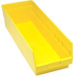 The Quantum Economy Shelf Bin in yellow polypropylene measures 23-5/8W x 8-3/8D x 6H, designed for seamless nesting with an open top and slightly raised back. It has a rectangular shape, 7 divider slots, a front handle for easy grip, rear hanglock, and molded-in label holder. Made in the USA.