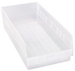 The Quantum Economy Shelf Bin is a clear polypropylene container, 23-5/8W x 11-1/8D x 6H, made in the USA. It features a molded-in label holder for easy identification, seven divider slots, and a rear hanglock for added convenience.