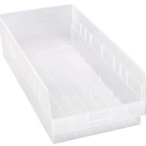 The Quantum Economy Shelf Bin is a clear polypropylene container, 23-5/8W x 11-1/8D x 6H, made in the USA. It features a molded-in label holder for easy identification, seven divider slots, and a rear hanglock for added convenience.