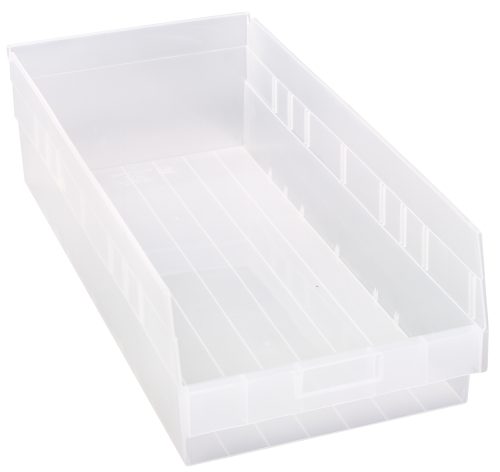 QSB216 cl The Quantum Economy Shelf Bin is a clear polypropylene container, 23-5/8W x 11-1/8D x 6H, made in the USA. It features a molded-in label holder for easy identification, seven divider slots, and a rear hanglock for added convenience.