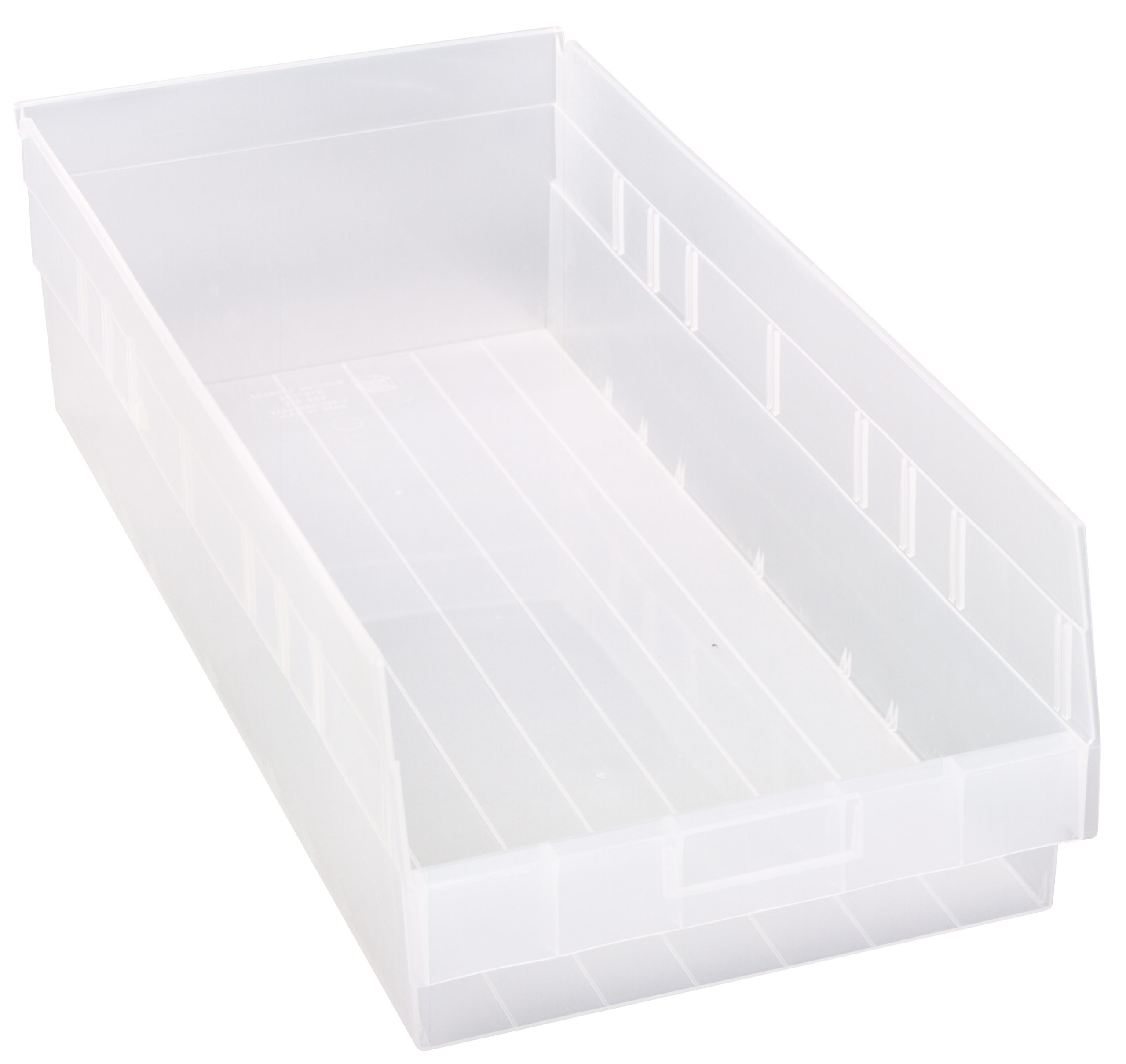 Economy Shelf Bin, Nesting, 23-5/8"W X 11-1/8"D X 6"H, (7) Divider Slots, Rear Hanglock, Molded-In Label Holder, Clear Polyropylene, Made In USA