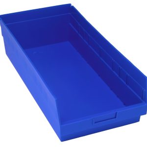 The Quantum Economy Shelf Bin is a blue polypropylene storage solution with dimensions of 23-5/8W x 11-1/8D x 6H. It features a slanted front, rear hanglock, molded-in label holder, and offers (7) divider slots for organizing items. Made in the USA, its interior is smooth for easy handling.