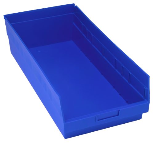 QSB216_BL.jpg The Quantum Economy Shelf Bin is a blue polypropylene storage solution with dimensions of 23-5/8W x 11-1/8D x 6H. It features a slanted front, rear hanglock, molded-in label holder, and offers (7) divider slots for organizing items. Made in the USA, its interior is smooth for easy handling.