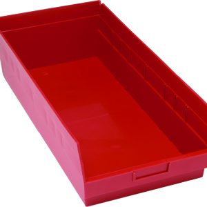 The Quantum Economy Shelf Bin, a bright red polypropylene container made in the USA, is rectangular with a molded-in label holder and smooth interior. It measures 23-5/8W x 11-1/8D x 6H and features seven divider slots and straight edges for efficient organization.
