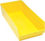 The Quantum Economy Shelf Bin is a yellow polypropylene storage solution, measuring 23-5/8W x 11-1/8D x 6H. It features a rectangular shape, molded-in label holder, small handle for easy access, and smooth sides. The open top design suits organizing small items with optional dividers. Made in USA.