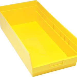 The Quantum Economy Shelf Bin is a yellow polypropylene storage solution, measuring 23-5/8W x 11-1/8D x 6H. It features a rectangular shape, molded-in label holder, small handle for easy access, and smooth sides. The open top design suits organizing small items with optional dividers. Made in USA.