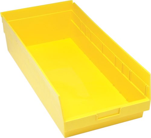 The Quantum Economy Shelf Bin is a yellow polypropylene storage solution, measuring 23-5/8W x 11-1/8D x 6H. It features a rectangular shape, molded-in label holder, small handle for easy access, and smooth sides. The open top design suits organizing small items with optional dividers. Made in USA.