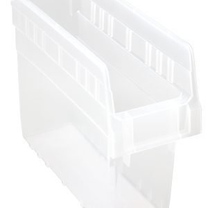 The Quantum Economy Shelf Bin is a clear polypropylene storage bin, 11-5/8W x 4-1/8D x 4H, featuring a slanted front edge, ribbed sides, and seven divider slots. It includes a molded-in label holder and rear hanglock for organizing items while providing visibility of contents. Made in the USA.