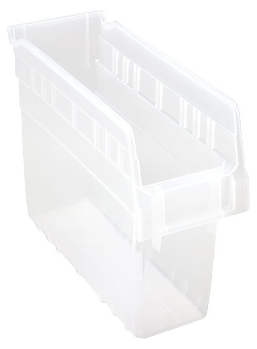 QSB801 clear The Quantum Economy Shelf Bin is a clear polypropylene storage bin, 11-5/8W x 4-1/8D x 4H, featuring a slanted front edge, ribbed sides, and seven divider slots. It includes a molded-in label holder and rear hanglock for organizing items while providing visibility of contents. Made in the USA.