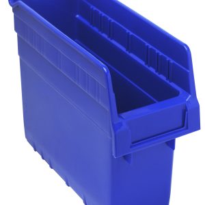 The Quantum Economy Shelf Bin, made in the USA from blue polypropylene, features (7) divider slots, molded-in label holders, and a rear hanglock. It measures 11-5/8W x 4-1/8D x 4H and provides organized convenience with easy identification.