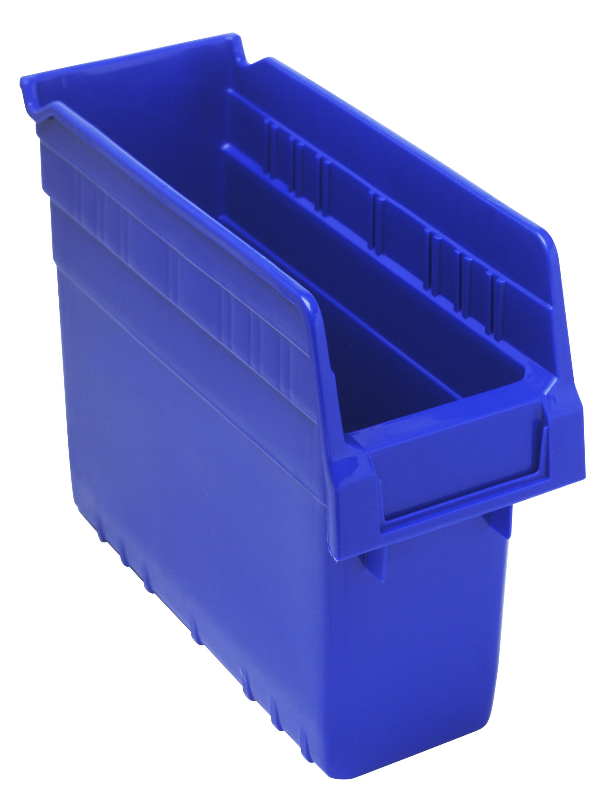 Economy Shelf Bin, Nesting, 11-5/8"W X 4-1/8"D X 4"H, (7) Divider Slots, Rear Hanglock, Molded-In Label Holder, Blue Polyropylene, Made In USA