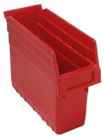 The Quantum Economy Shelf Bin in red, measuring 11-5/8W x 4-1/8D x 4H, with ridged sides, open top, front handle, rear hanglock, and molded-in label holder offers optimal storage. Made in USA from polypropylene.