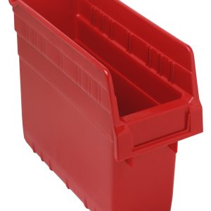 The Quantum Economy Shelf Bin in red, measuring 11-5/8W x 4-1/8D x 4H, with ridged sides, open top, front handle, rear hanglock, and molded-in label holder offers optimal storage. Made in USA from polypropylene.