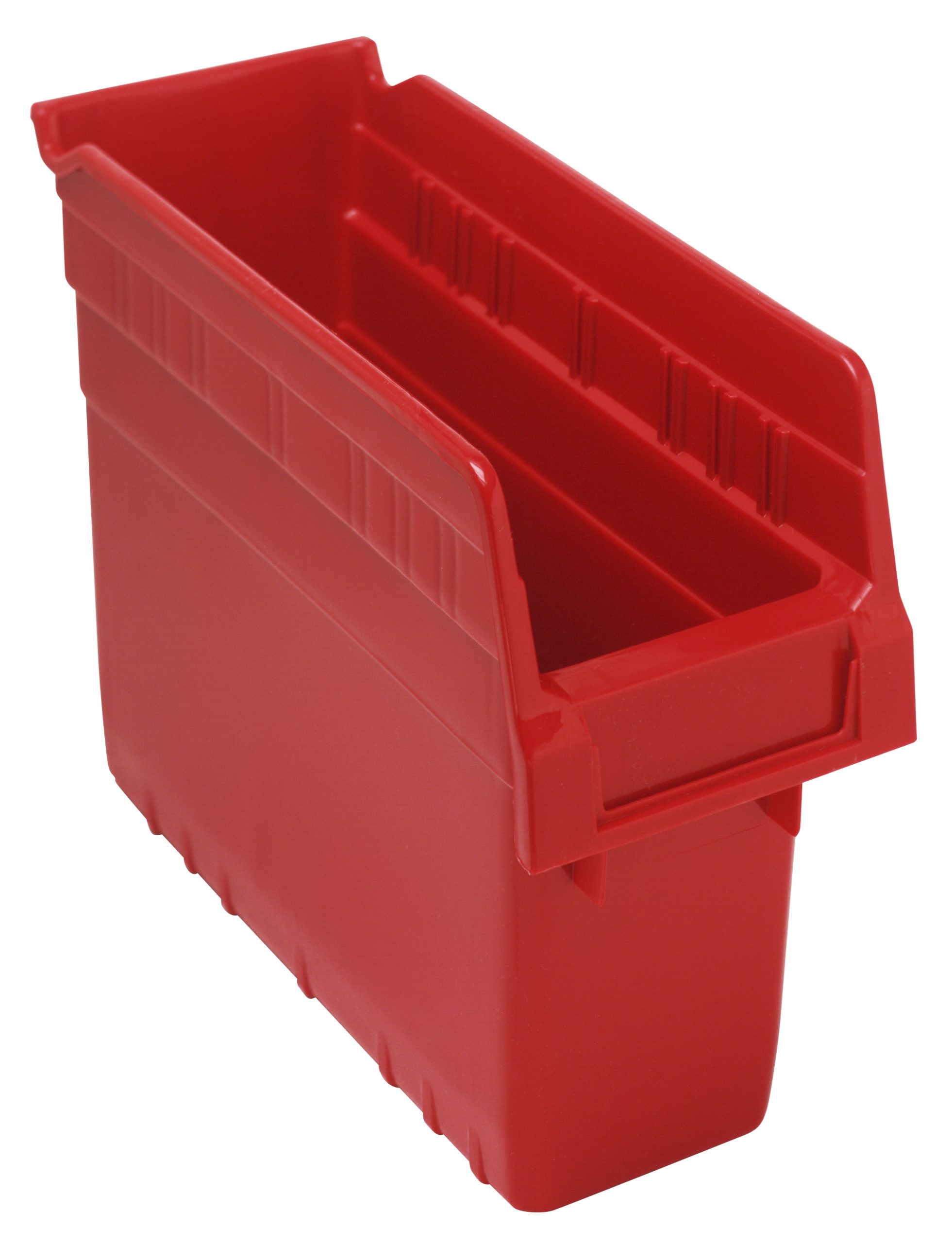 Economy Shelf Bin, Nesting, 11-5/8"W X 4-1/8"D X 4"H, (7) Divider Slots, Rear Hanglock, Molded-In Label Holder, Red Polyropylene, Made In USA