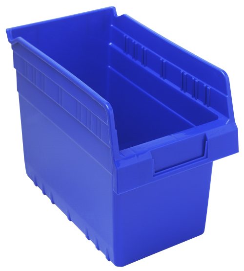 QSB802 blue The Quantum Economy Shelf Bin, made in the USA from blue polypropylene, measures 11-5/8W x 6-5/8D x 4H and includes seven divider slots for customizable organization. It features a rear hanglock, molded-in label holder, and is perfect for easy item storage or organization.