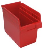 The Quantum Economy Shelf Bin is a red polypropylene storage bin measuring 11-5/8W x 6-5/8D x 4H, featuring a molded-in label holder and rear hanglock. Its rectangular design includes seven divider slots and reinforced edges for added durability, made in the USA.