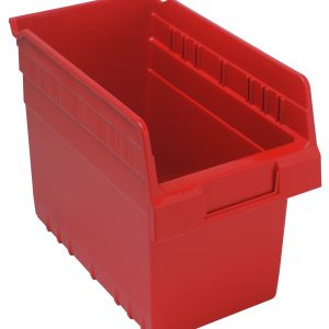 The Quantum Economy Shelf Bin is a red polypropylene storage bin measuring 11-5/8W x 6-5/8D x 4H, featuring a molded-in label holder and rear hanglock. Its rectangular design includes seven divider slots and reinforced edges for added durability, made in the USA.