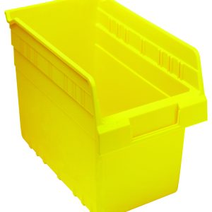 The Quantum Economy Shelf Bin in bright yellow polypropylene measures 11-5/8W x 6-5/8D x 4H. It features (7) divider slots, an open top, rear hanglock, molded-in label holder for identification, and is perfect for organizing or storing items. Made in the USA.