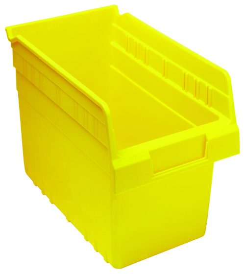 QSB802 yellow The Quantum Economy Shelf Bin in bright yellow polypropylene measures 11-5/8W x 6-5/8D x 4H. It features (7) divider slots, an open top, rear hanglock, molded-in label holder for identification, and is perfect for organizing or storing items. Made in the USA.