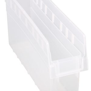 The Quantum Economy Shelf Bin, measuring 17-7/8W x 4-1/8D x 4H, features (7) divider slots, a rear hanglock, and molded-in label holder. Made from clear polypropylene in the USA, it nests easily when not in use.