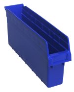 The Quantum Economy Shelf Bin is a blue rectangular, open-top plastic storage solution with dimensions of 17-7/8W x 4-1/8D x 4H. Featuring a molded-in label holder and rear hanglock for efficient organizing, it has (7) divider slots and notches for easy access. Its nestable when not in use. Made in USA.