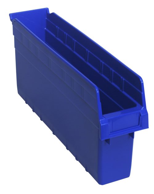 QSB803 blue The Quantum Economy Shelf Bin is a blue rectangular, open-top plastic storage solution with dimensions of 17-7/8W x 4-1/8D x 4H. Featuring a molded-in label holder and rear hanglock for efficient organizing, it has (7) divider slots and notches for easy access. Its nestable when not in use. Made in USA.