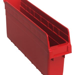 The Quantum Economy Shelf Bin, made in the USA, is a red polypropylene bin featuring rear hanglock, molded-in label holder, reinforced sides, and (7) divider slots. Its 17-7/8W x 4-1/8D x 4H design allows convenient access to tools or small items with a high back and low front.