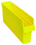 The Quantum Economy Shelf Bin is a bright yellow polypropylene storage bin, measuring 17-7/8W x 4-1/8D x 4H. It features a rectangular shape, rear hanglock, open top, molded-in label holder, nesting capabilities, and (7) divider slots for added convenience. Made in the USA.