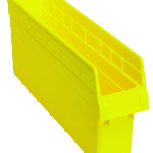 The Quantum Economy Shelf Bin is a bright yellow polypropylene storage bin, measuring 17-7/8W x 4-1/8D x 4H. It features a rectangular shape, rear hanglock, open top, molded-in label holder, nesting capabilities, and (7) divider slots for added convenience. Made in the USA.
