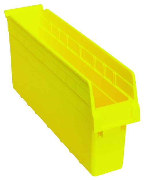 The Quantum Economy Shelf Bin is a bright yellow polypropylene storage bin, measuring 17-7/8W x 4-1/8D x 4H. It features a rectangular shape, rear hanglock, open top, molded-in label holder, nesting capabilities, and (7) divider slots for added convenience. Made in the USA.