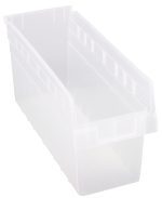 The Quantum Economy Shelf Bin, measuring 11-5/8W x 6-5/8D x 4H, is a clear polypropylene storage solution with (7) divider slots and high sides. It features ridged edges for stacking or gripping and includes a rear hanglock and molded-in label holder, making it an economical choice. Made in the USA.
