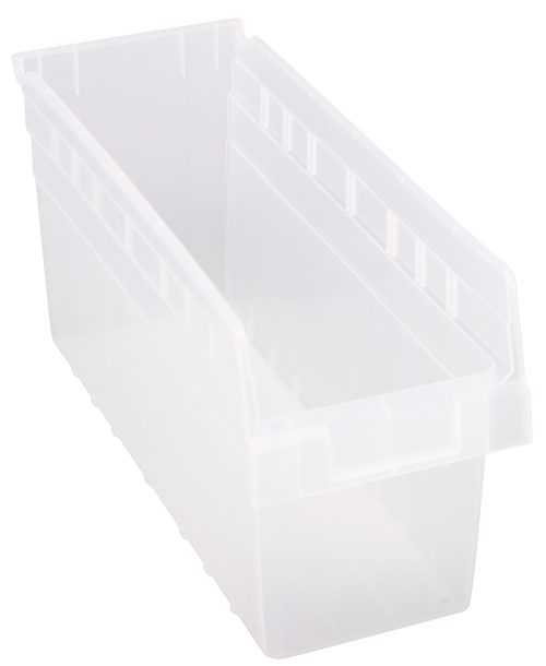 The Quantum Economy Shelf Bin, measuring 11-5/8W x 6-5/8D x 4H, is a clear polypropylene storage solution with (7) divider slots and high sides. It features ridged edges for stacking or gripping and includes a rear hanglock and molded-in label holder, making it an economical choice. Made in the USA.