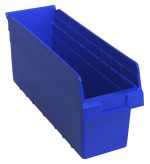 The Quantum Economy Shelf Bin is a large, blue polypropylene storage solution (17-7/8W x 6-5/8D x 4H) featuring an open top, rear hanglock, and molded-in label holder. It nests effortlessly and has a front cutout handle for easy carrying. Made in the USA.