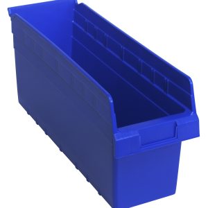 The Quantum Economy Shelf Bin is a large, blue polypropylene storage solution (17-7/8W x 6-5/8D x 4H) featuring an open top, rear hanglock, and molded-in label holder. It nests effortlessly and has a front cutout handle for easy carrying. Made in the USA.