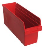 The Quantum Economy Shelf Bin is a red polypropylene, rectangular bin with ridged sides, an open top, and a front handle. It features (7) divider slots for organization and a molded-in label holder for easy identification. Made in the USA.