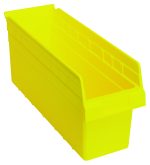 The Quantum Economy Shelf Bin is a bright yellow polypropylene storage solution, complete with a rear hanglock and molded-in label holder. Its 17-7/8W x 6-5/8D x 4H open-top design features a scoop front, rectangular shape with sloped sides, perfect for organized storage. Made in the USA.