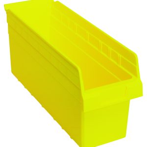 The Quantum Economy Shelf Bin is a bright yellow polypropylene storage solution, complete with a rear hanglock and molded-in label holder. Its 17-7/8W x 6-5/8D x 4H open-top design features a scoop front, rectangular shape with sloped sides, perfect for organized storage. Made in the USA.