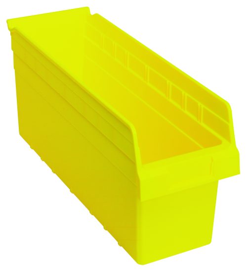 QSB804 yellow The Quantum Economy Shelf Bin is a bright yellow polypropylene storage solution, complete with a rear hanglock and molded-in label holder. Its 17-7/8W x 6-5/8D x 4H open-top design features a scoop front, rectangular shape with sloped sides, perfect for organized storage. Made in the USA.