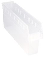 The Quantum Economy Shelf Bin, a clear polypropylene organizer made in the USA, measures 23-5/8W x 4-1/8D x 4H and includes grooved sides for stacking, seven divider slots, a reinforced rim, rear hanglock, and molded-in label holder for efficient organizing.