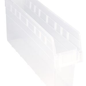 The Quantum Economy Shelf Bin, a clear polypropylene organizer made in the USA, measures 23-5/8W x 4-1/8D x 4H and includes grooved sides for stacking, seven divider slots, a reinforced rim, rear hanglock, and molded-in label holder for efficient organizing.