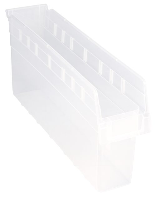 The Quantum Economy Shelf Bin, a clear polypropylene organizer made in the USA, measures 23-5/8W x 4-1/8D x 4H and includes grooved sides for stacking, seven divider slots, a reinforced rim, rear hanglock, and molded-in label holder for efficient organizing.