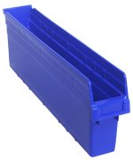 The Quantum Economy Shelf Bin is a long, blue plastic bin with dimensions 23-5/8W x 4-1/8D x 4H. It offers (7) divider slots, a rear hanglock for secure shelf placement, and a molded-in label holder. Made from durable polypropylene in the USA, its perfect for organizing small parts and tools.