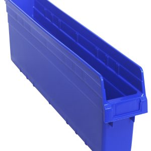 The Quantum Economy Shelf Bin is a long, blue plastic bin with dimensions 23-5/8W x 4-1/8D x 4H. It offers (7) divider slots, a rear hanglock for secure shelf placement, and a molded-in label holder. Made from durable polypropylene in the USA, its perfect for organizing small parts and tools.