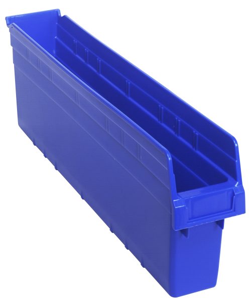 QSB806 blue The Quantum Economy Shelf Bin is a long, blue plastic bin with dimensions 23-5/8W x 4-1/8D x 4H. It offers (7) divider slots, a rear hanglock for secure shelf placement, and a molded-in label holder. Made from durable polypropylene in the USA, its perfect for organizing small parts and tools.