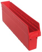 The Quantum Economy Shelf Bin is a red polypropylene, open-top storage bin measuring 23-5/8W x 4-1/8D x 4H. Featuring a recessed handle, molded-in label holder, slightly slanted front edge, and nesting design for compact storage, its perfect for organizing with seven divider slots and a rear hanglock. Made in USA.
